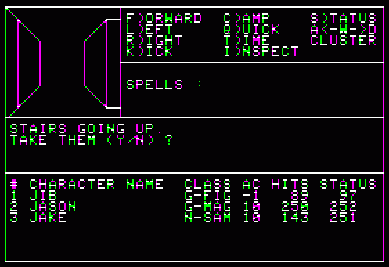 A screenshot from the Apple II game Wizardry.